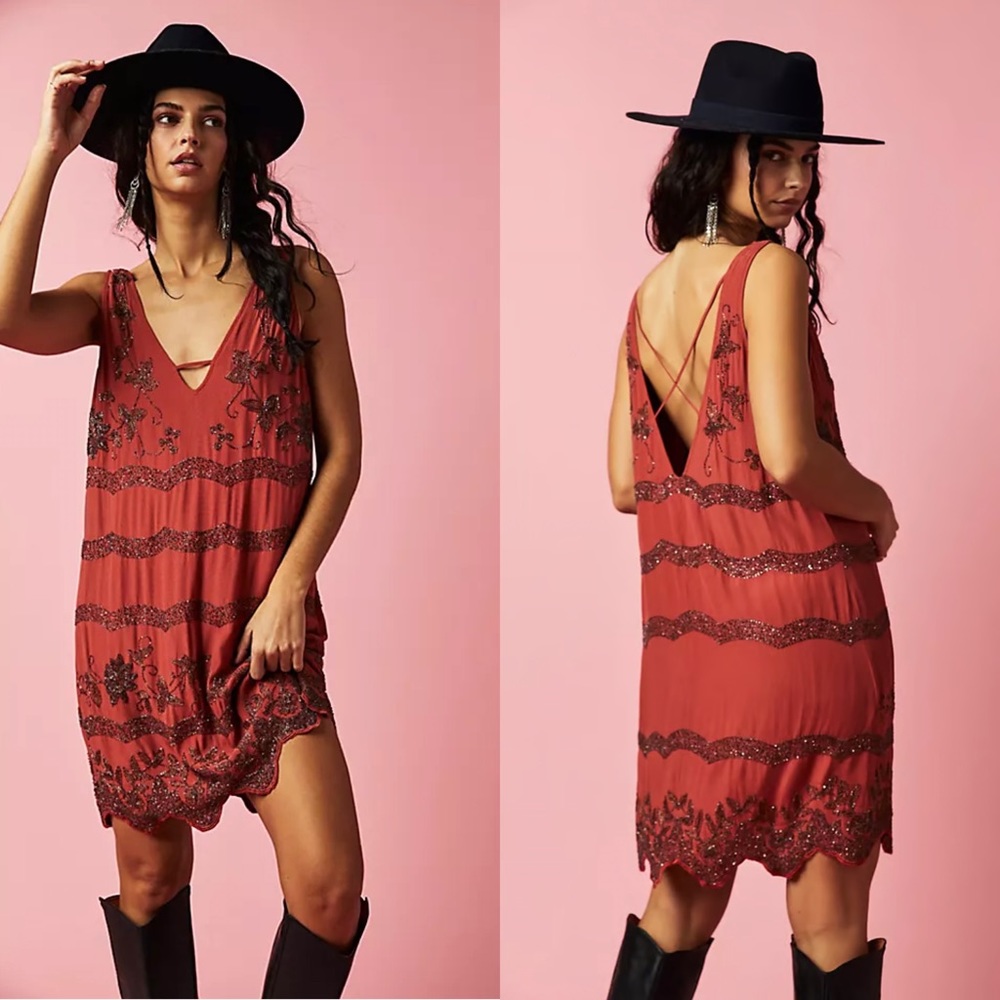 RARE Red Bali Mad Love Embellished Boho Mini Dress